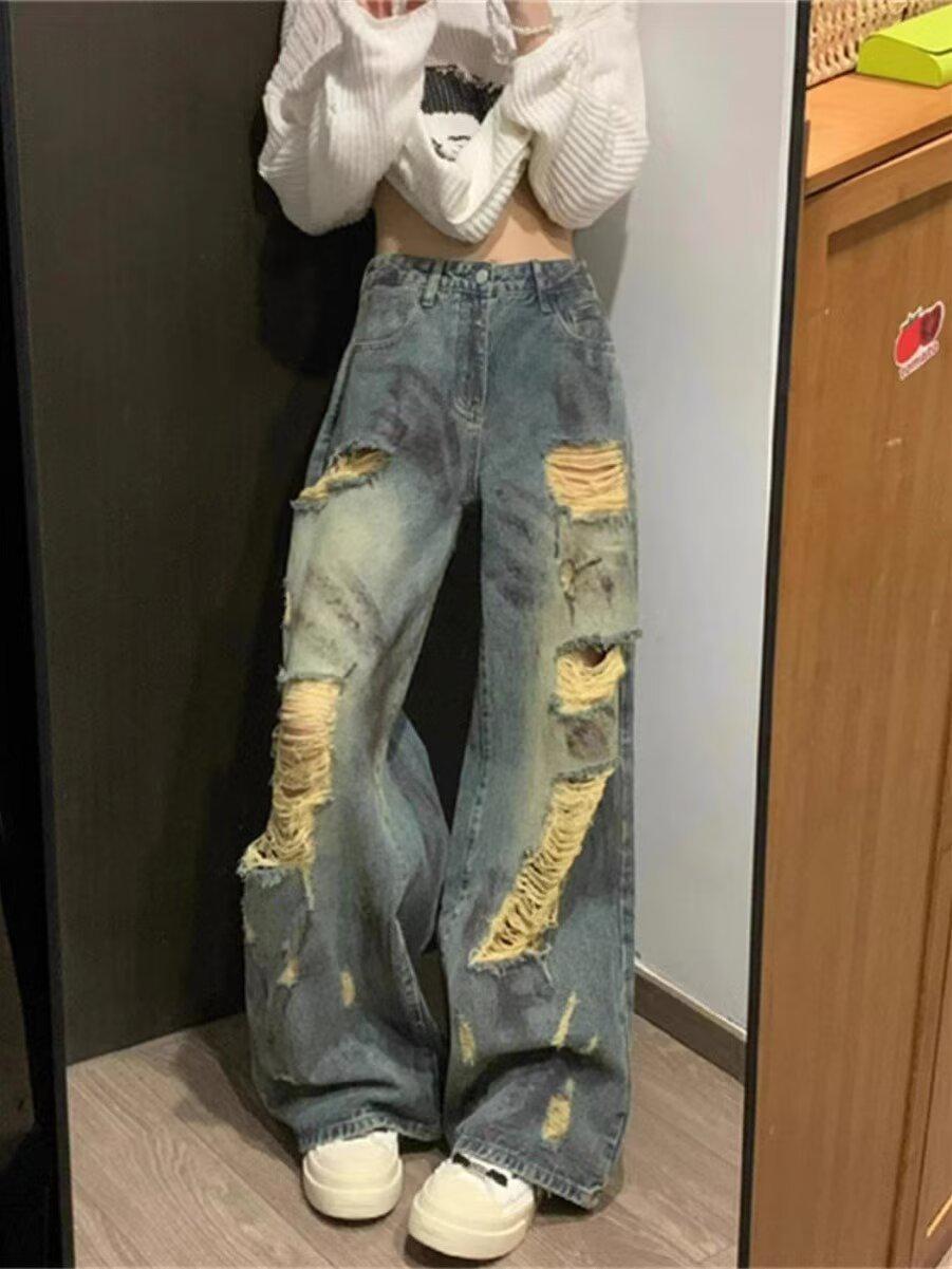 

Унисекс Американские Ретро Джинсы Тай-Дай Рваные Широкие 5XL синий