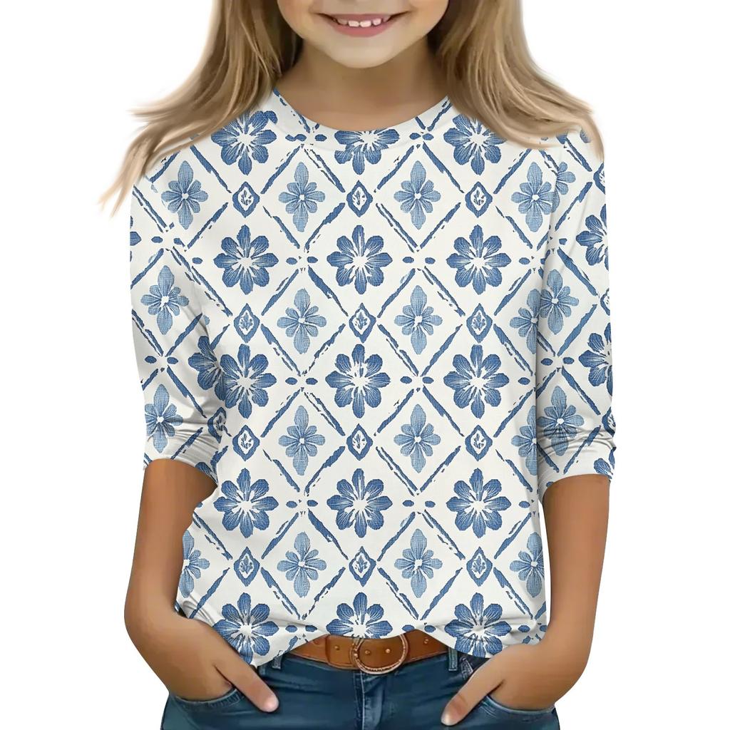 Print Tops For Youth Girls Round Neck 3/4 Sleeves T-Shirts Trendy Tops Outfit Tees
