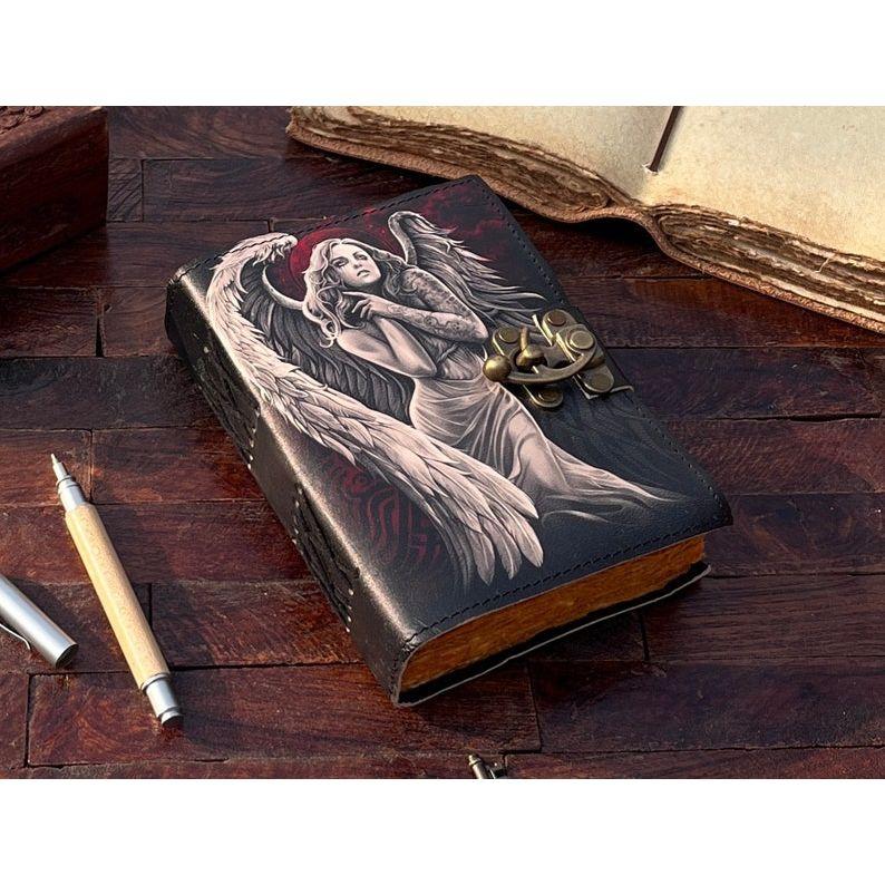 Angel Leather Journal - Handmade Leather Notebook • Grimoire Journal • Blank Book • Vintage Deckle Edges Paper • Special Gifts for Girls.