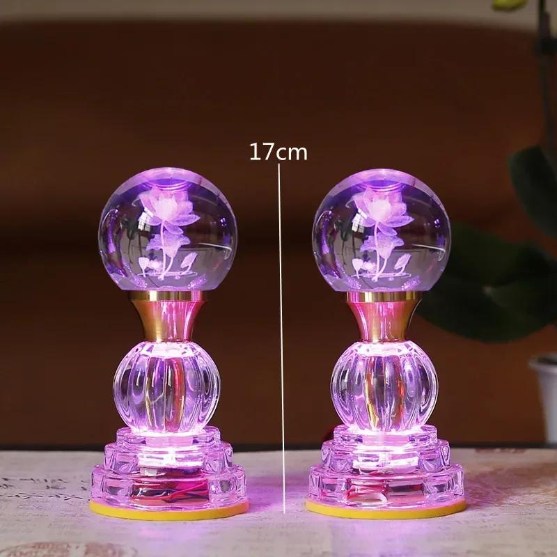 Household LED Crystal Lotus Lamp, Buddhist Decorative Accessories, Seven Color Buddha Supply Lamps, Prayer, Feng Shui, Plug-in