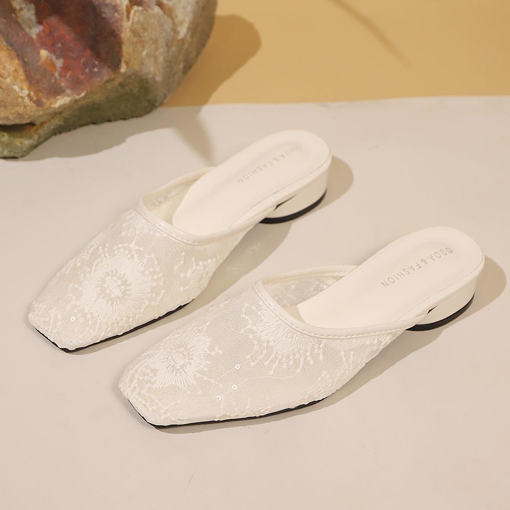 Fashion Summer Women Slippers Sexy Lace Mules Indoor Home Slides Square Toe Female Flats Shoes Outdoor Clogs Beach Sandals Flip Flops