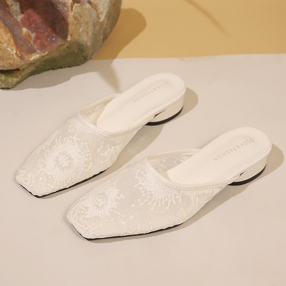 

Fashion Summer Women Slippers Sexy Lace Mules Indoor Home Slides Square Toe Female Flats Shoes Outdoor Clogs Beach Sandals Flip Flops 35