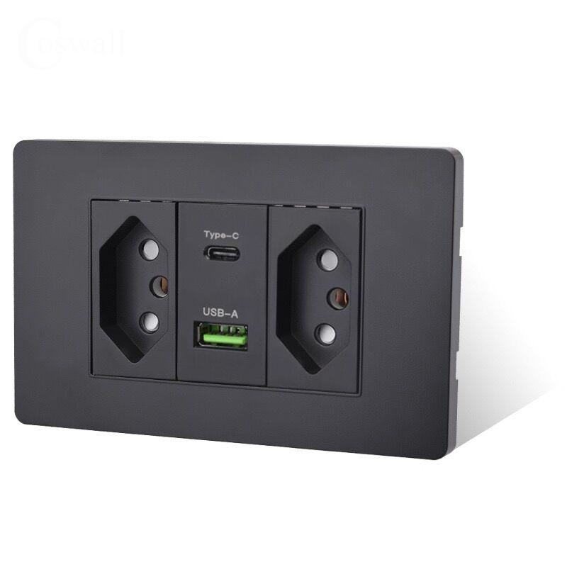 Brazil Standard 20A Wall Power Socket PD 3.0 20W Type-C Dual USB Fast Charge Outlet 118*75mm Flame retardant PC panel Usb Socket