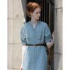 Demana Denim Cloud Cotton Round Neck Belted Dress