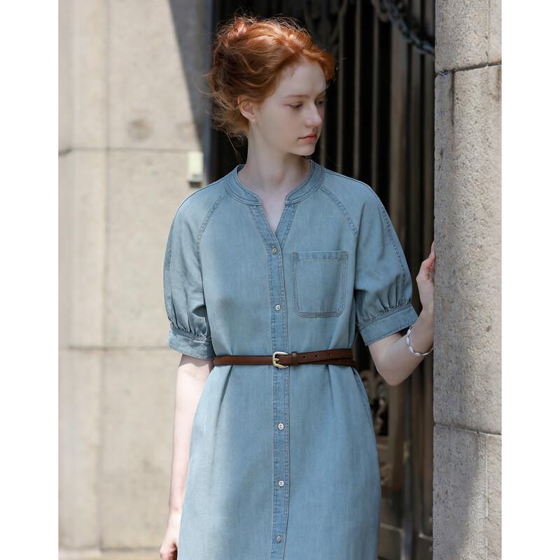 Demana Denim Cloud Cotton Round Neck Belted Dress