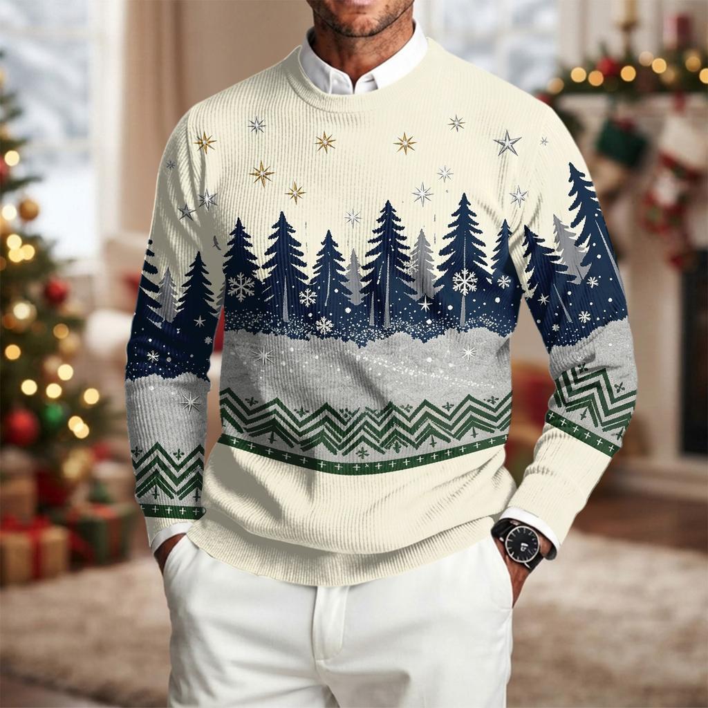 Men's Long Sleeve Crewneck Ribbed Knit Pullover Sweater with Christmas Holiday Print Casual Winter Top