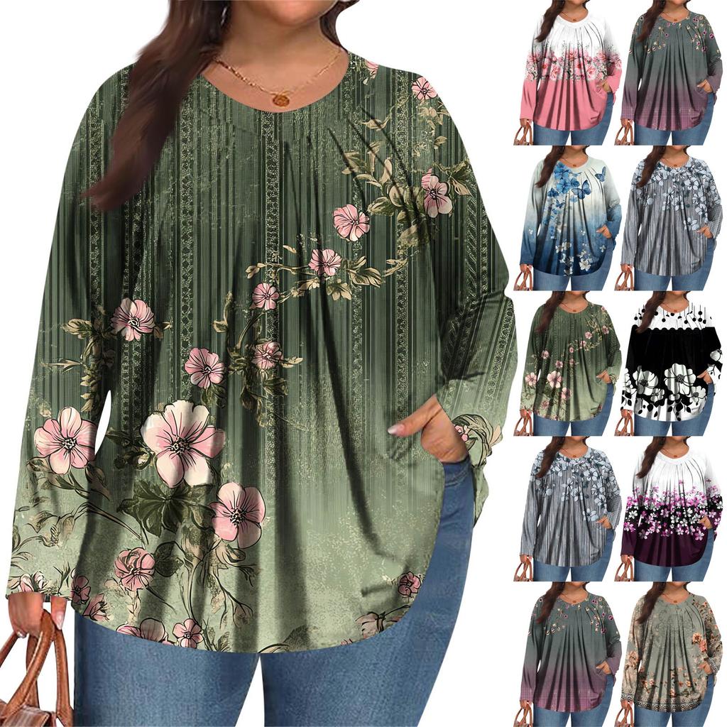 Dámská móda plus size Tištěný ležérní plisovaný top s kulatým výstřihem a dlouhým rukávem