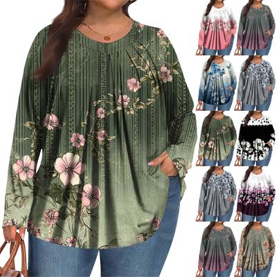 Dámska móda plus size Potlačený ležérny plisovaný top s okrúhlym výstrihom a dlhým rukávom
