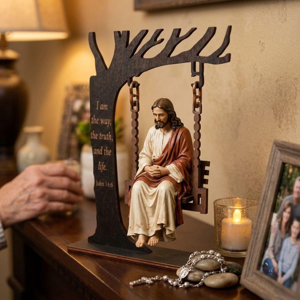 Catholic Wooden Jesus Swing Ornament Religious Virgin Mary Swing Sculpture Faith Home Decor