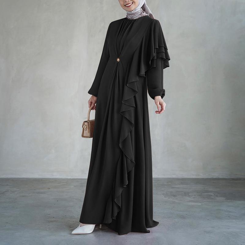 ZANZEA Women Casual Round Neck Long Sleeve Loose Ruffles Splice Long Dress