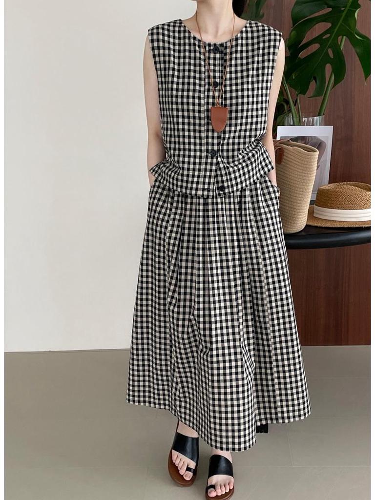 Taochuan Japanisches Retro-Karomuster Ärmellose Weste & High-Waist Elastisches Rock-Set für Damen