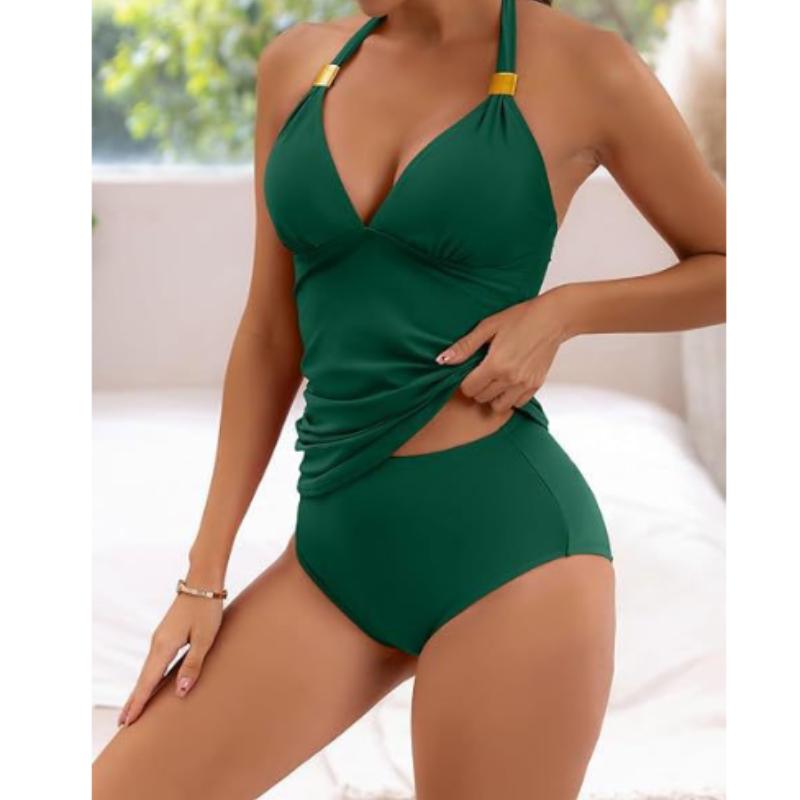 Halter V Neck Two Piece Set Tankini, Solid Color Stretchy High Cut Swimsuits, Women's Swimwear & Clothing