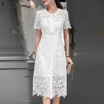 Women Summer O-neck Short Sleeve Casual Lace Crochet Patchwork Dress
