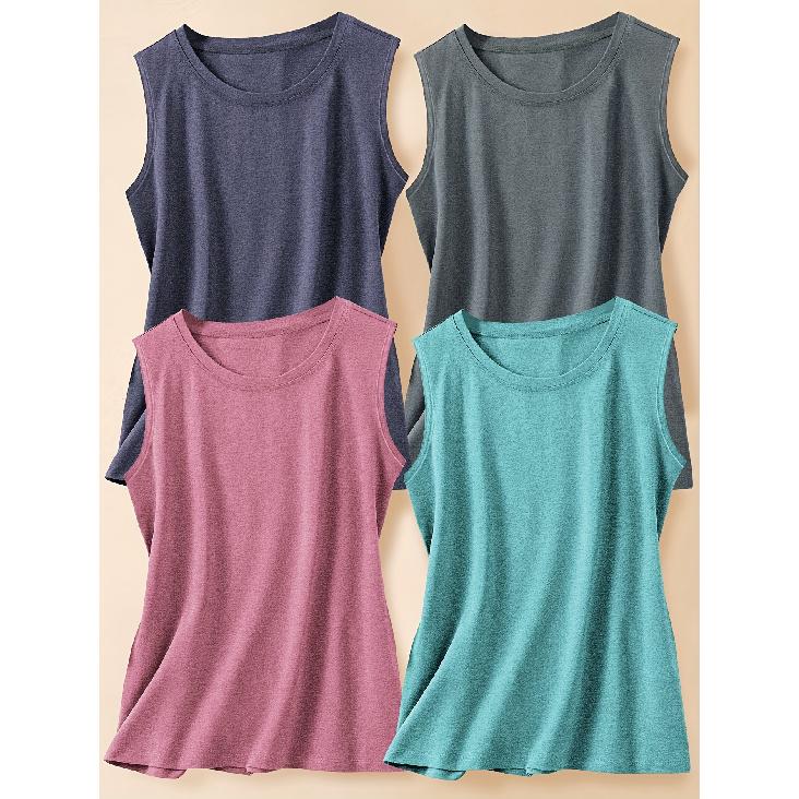 Four-piece set of solid color fashionable retro-style women s casual sports tops with round neck tank tops S