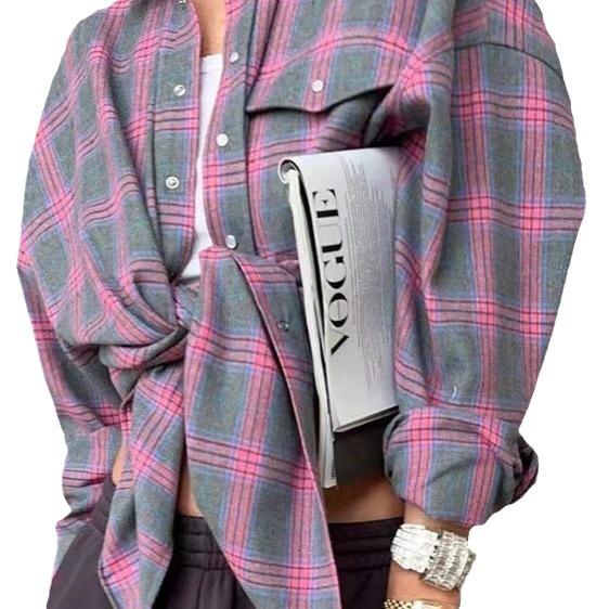 2024 Retro Plaid Loose Shirt: Fashionable Spring/Autumn Style for Women