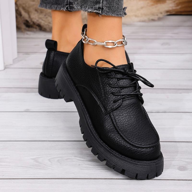 Plus Size Women's Thick-soled Casual Shoes Round Head Spring and Autumn New Black Small Leather Shoes British Style Versatile