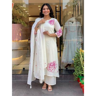 Beautiful White Pure Cotton Kurti Pant Dupatta Set Indian Designer Kurta Set