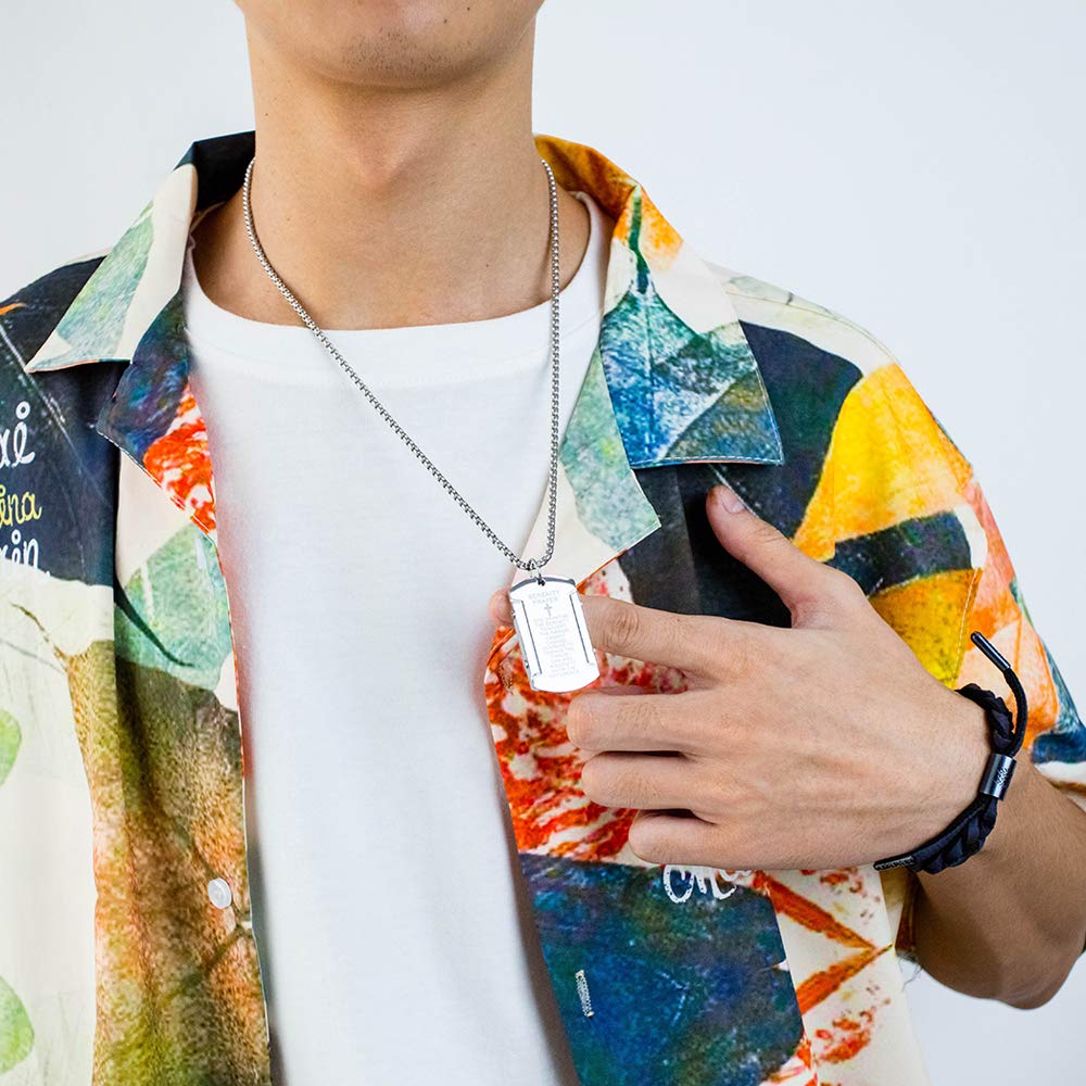 AIKS Cross Silver Stainless Engraved with Pendant Rectangular Protection from Antique Style Men's Necklace, Steel, Sutra, Plate, Necklace, Amulet,