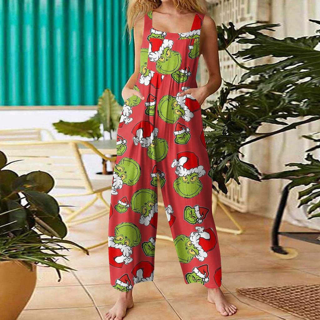 Women's Casual Loose Jumpsuit Christmas Print Wide Leg Jumpsuit Sleeveless With Pockets