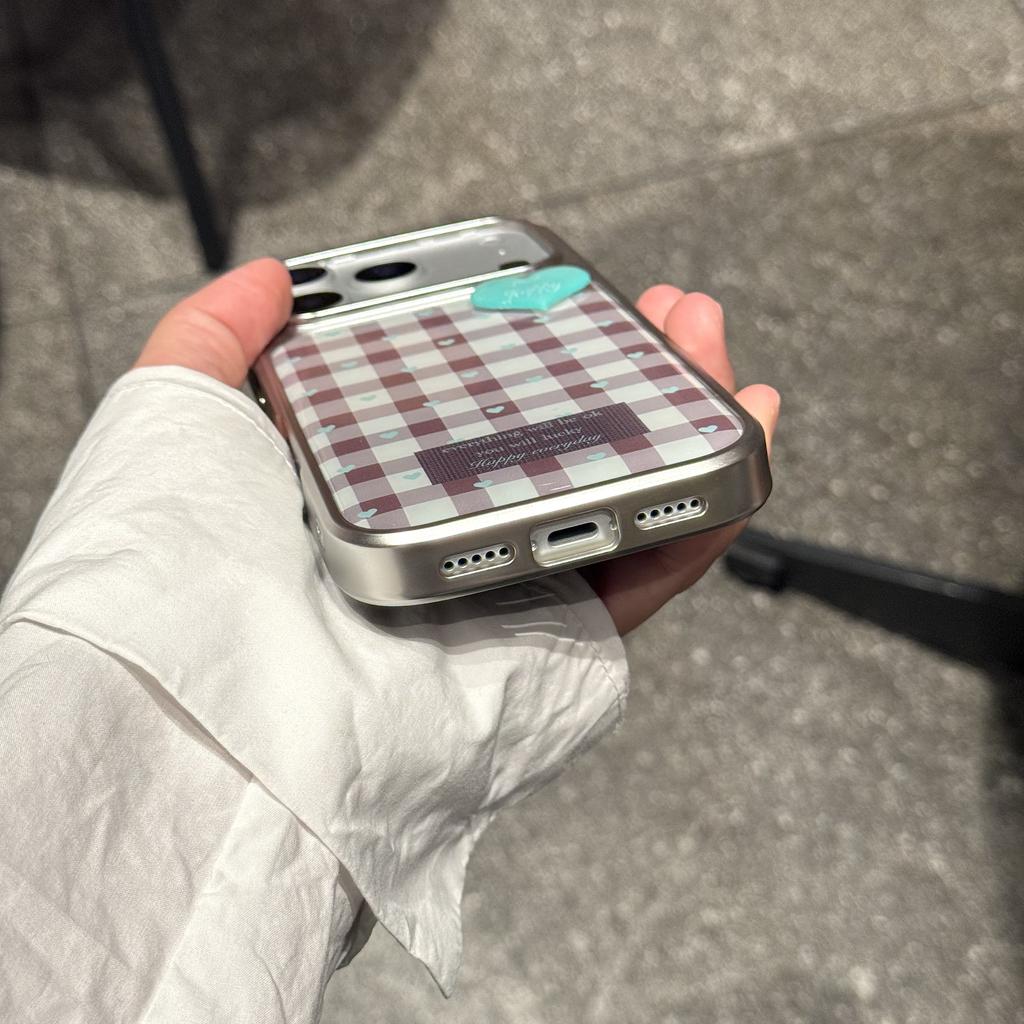 Trendy Plaid Red-White Checker with Turquoise Heart Chic Phone Case for iPhone 17 16 15 14 11 12 13 Pro Max Plus Back Cover
