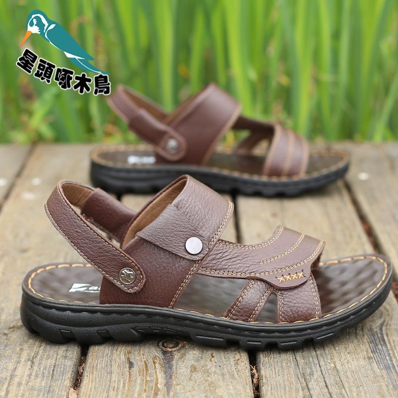 

Woodpecker sandals men s summer new casual leather dad shoes first layer cowhide soft sole two sandals 45 коричневый