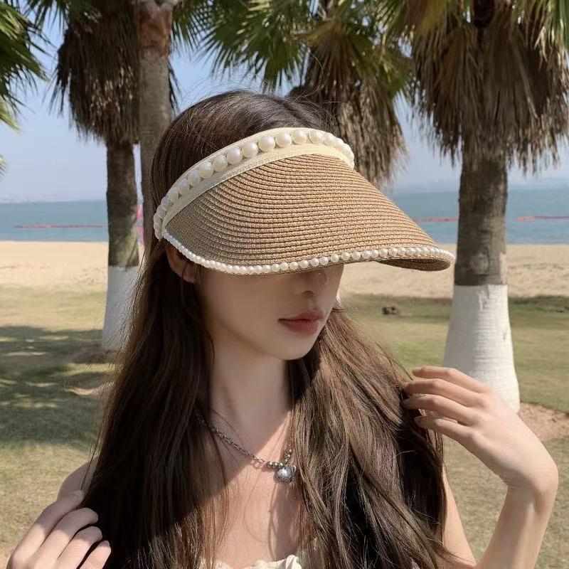 Women'S Summer New Fresh Beach Hat With Pearls Open Top Sun Hat Fashionable Raffia Straw Hat