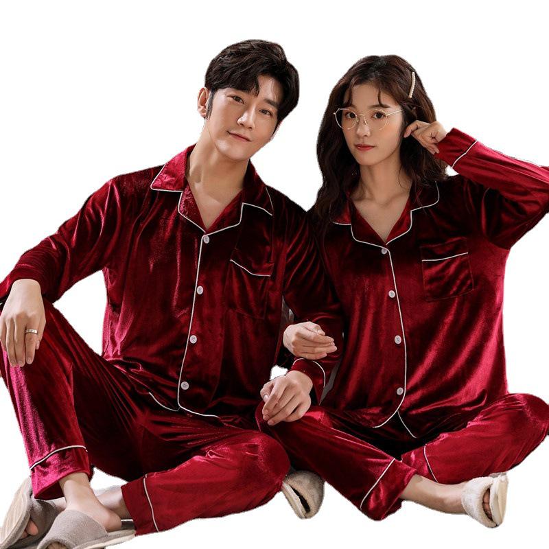 Couple's Gold Velvet Pajamas: Thin Fleece Two-Piece Set for Women & Men - Long Sleeve, Solid Color, Perfect for Spring & Autumn Homewear