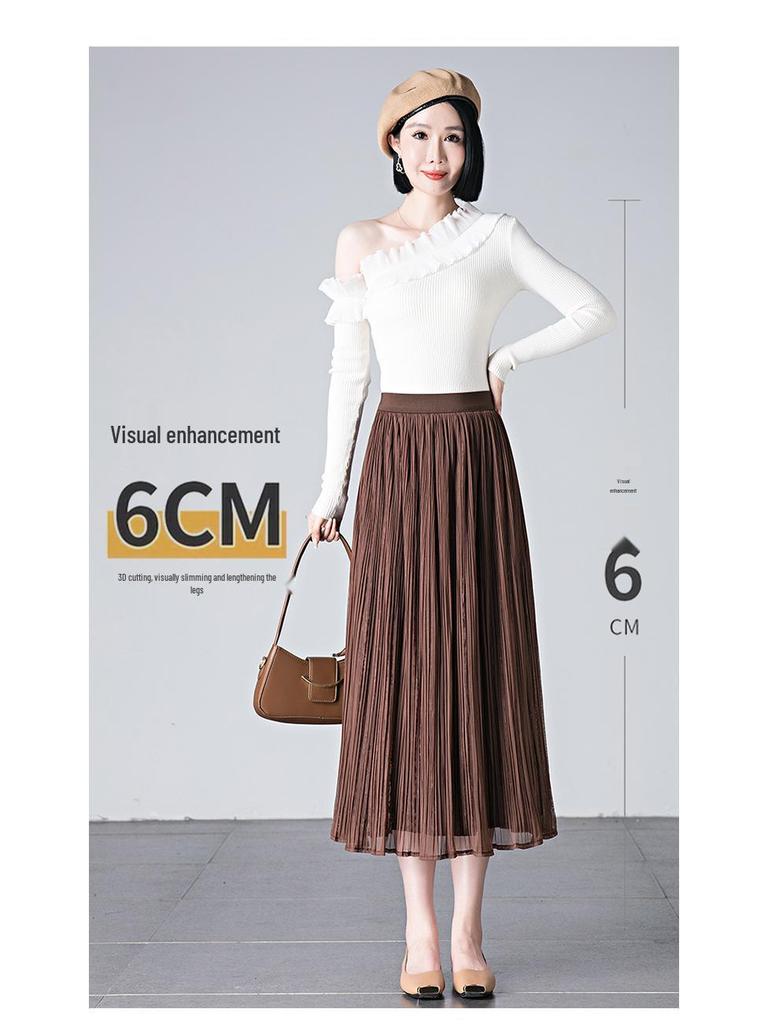 Brand Discount Women's High Waist Pleated Silk Midi Skirt with Puffy Mesh Overlay