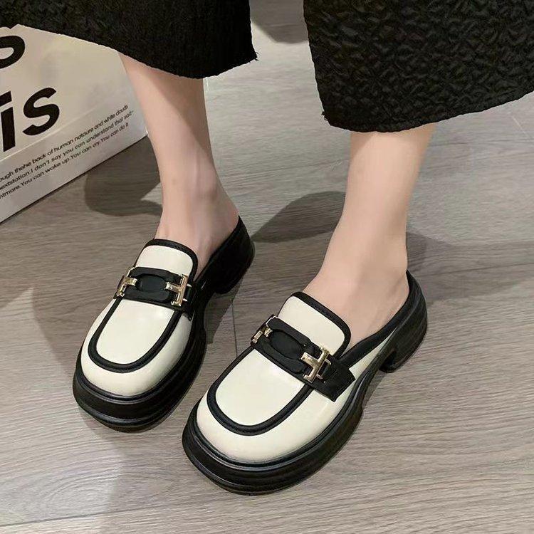Fashion Women's Shoes 2024 New French Platform Half-tow Loafers Versatile Single British Style Small Leather Shoes