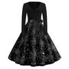 Women's Casual Vintage V Neck Dress Long Sleeve Halloween Print Swing Dress with Waist Tie Retro Style Midi Dress