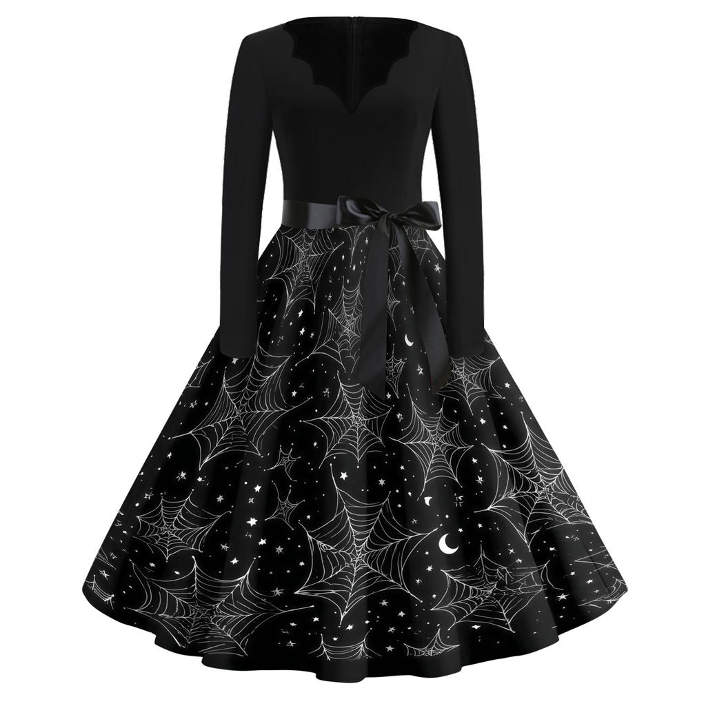 Women's Casual Vintage V Neck Dress Long Sleeve Halloween Print Swing Dress with Waist Tie Retro Style Midi Dress
