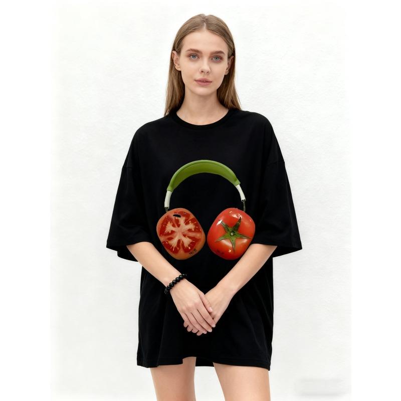 Oversized T Shirt Black Tomato Headphones Print Casual Wear for Women Summer Streetwear Fashion Trendy Graphic Tee
