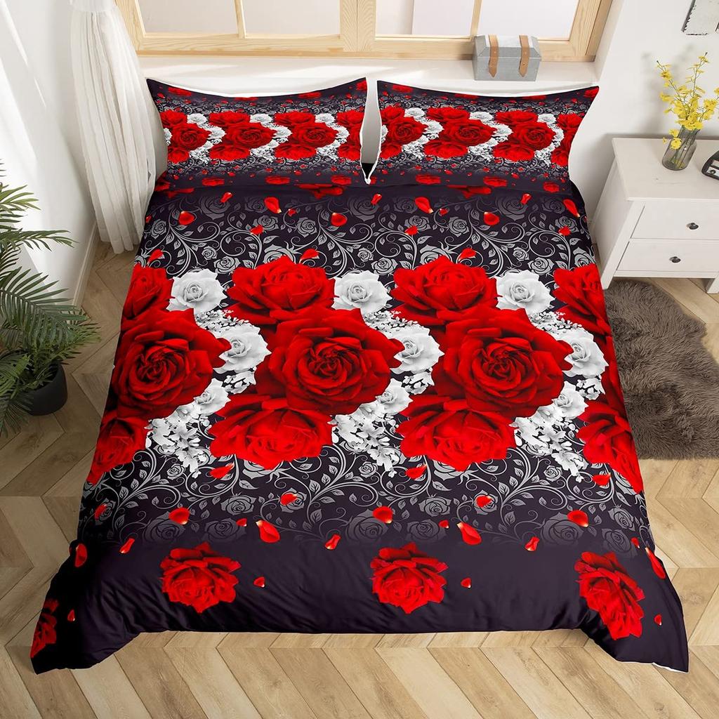 Red Rose Duvet Cover Set King Size for Girls Water Drops Bedding Set Romantic Rose Flowers 2/3pcs Comforter Cover for Couples