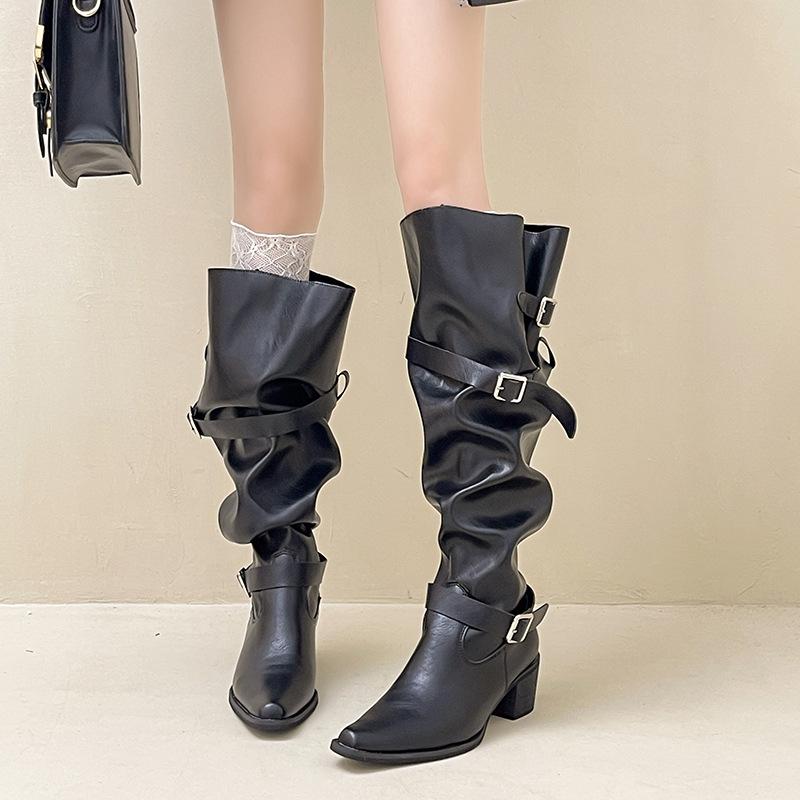 Retro belt buckle pointed high boots women's autumn and winter fashion versatile high-heeled leather boots temperament thick-heeled fashion boots tide