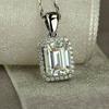 Silver Plated Emerald Cut CZ Halo Pendant Necklace, Classic Rectangle Diamond Simulant Necklace for Women