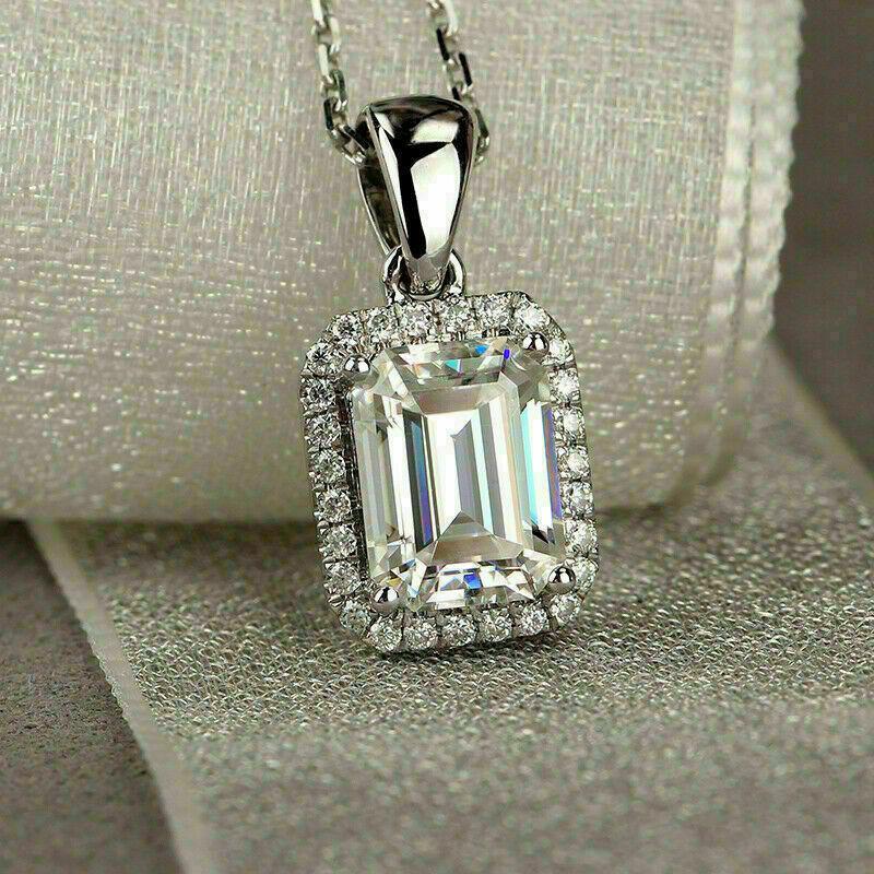 Silver Plated Emerald Cut CZ Halo Pendant Necklace, Classic Rectangle Diamond Simulant Necklace for Women