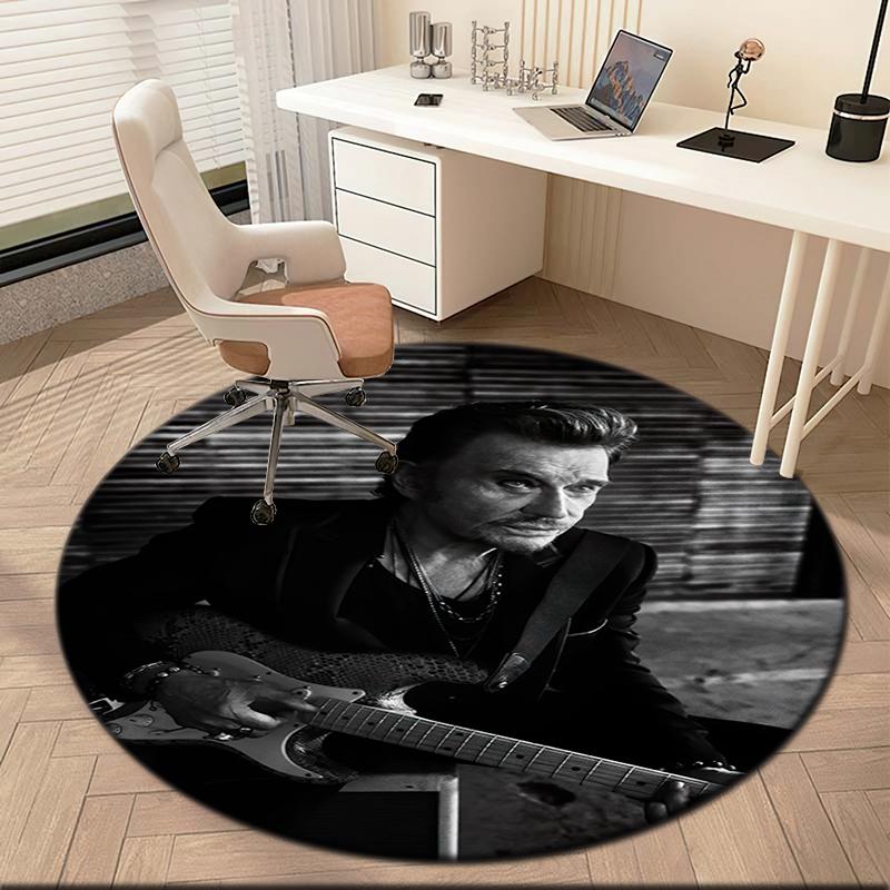 1pc Black and White Retro Johnny Hallyday Round Carpet Painted Printed Circular Carpet, Home Door Mat, Outdoor Travel Protection Carpet