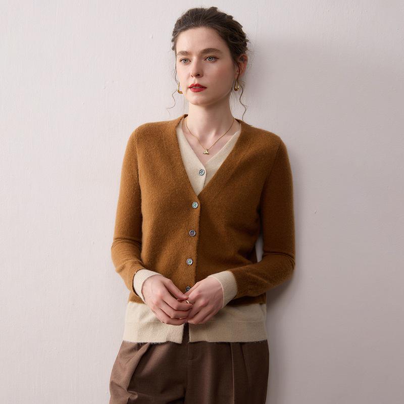 Soft, Skin-Friendly Cashmere Knit Color-Block Cardigan - Single-Breasted, Loose, and Slimming for Autumn/Winter Women's Wear