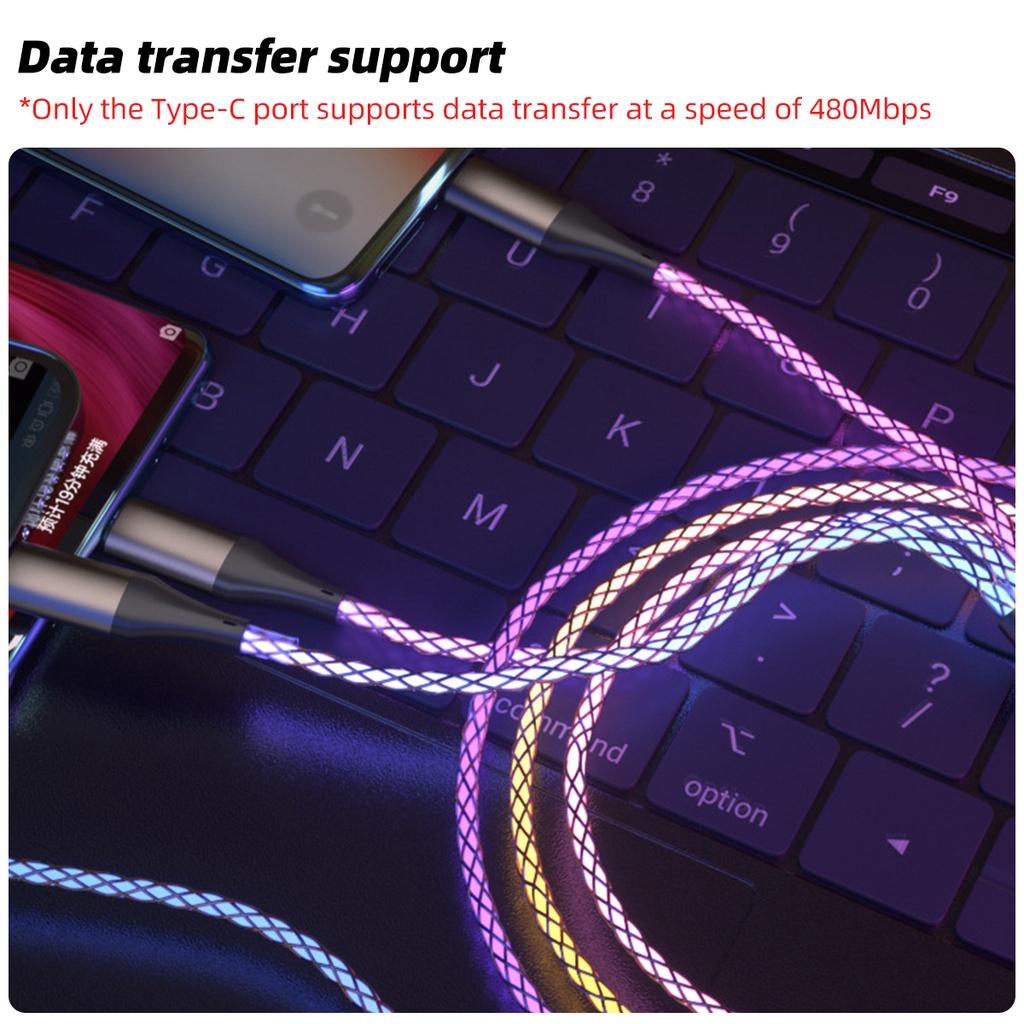 FONKEN 3 In 1 6A 66W Fast Charging Cable USB To Type-C Micro USB Lightning Charger Cable RGB Colorful Glow QData Cord