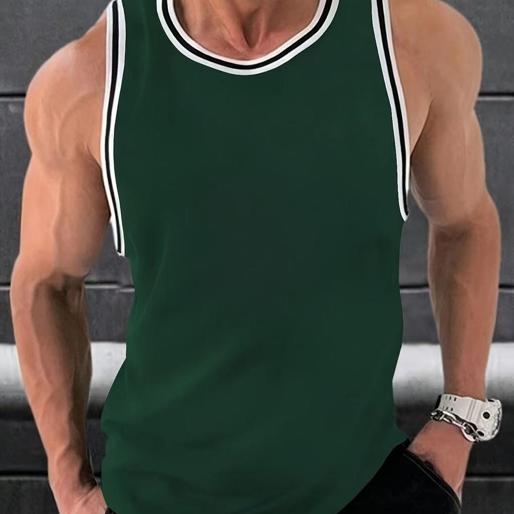 Men's Solid Color Sleeveless Round Neck Sports Fitness T-shirt, Outdoor Training Vest T-shirt