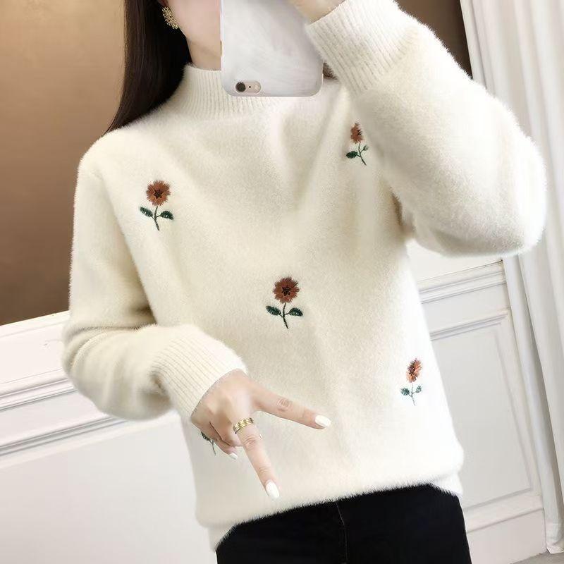 Mink fleece sweater women's outer wear - autumn and winter new loose temperament thickened embroidered semi-turtleneck knitted sweater