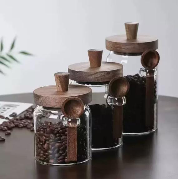 Glass Storage Jar with Wooden Lid and Spoon, Clear Coffee Bean Container for Kitchen Pantry, Airtight Food Canister for Tea Nuts
