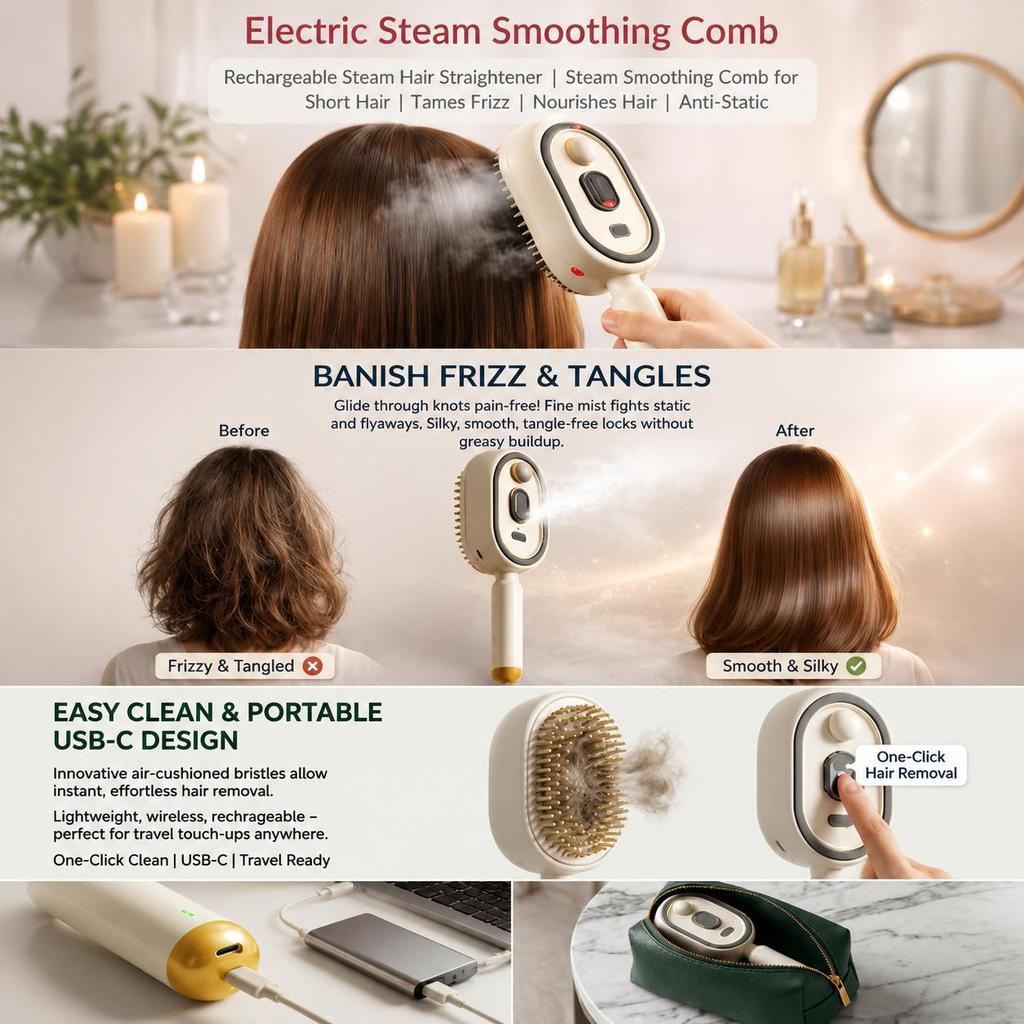 Electric Spray Air Cushions Massage Comb 3 in 1 Self Cleaning Steam Essential Oil Brush Rechargeable Spray Scalp Massager Combs