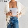 VONDA Women Long Sleeve Fluffy Tassel Splicing Open Front Casual Knitted Sweaters Cardigans