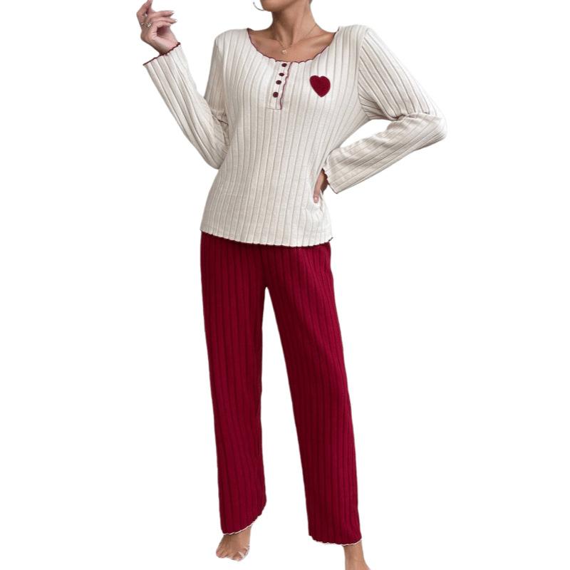 Women’s Autumn and Winter 2 Piece Pajama Set Heart Embroidery Long Sleeve Top and Long Pants Loungewear Suitable for Outdoor Wear