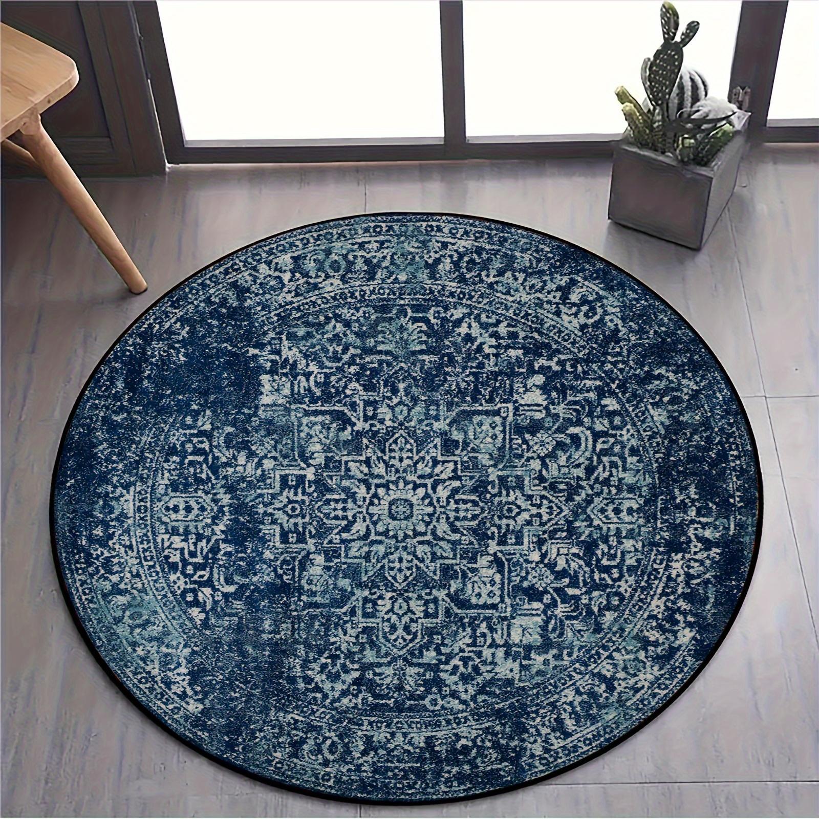 1pc 2D Flat Print Round Doormat - Soft Absorbent Polyester Carpet with Antique Ethnic Pattern, Dark Blue Intricate Design, Machi 60cm-dia.