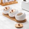 Set di barattoli per spezie in ceramica con coperchio in bambù, cucchiaino e vassoio, contenitore per sale, zucchero e condimenti da cucina