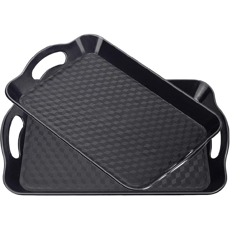 Plastic Tray with Handles, 2 Pack Multi-Purpose Rectangular Non Slip Restaurant Serving Trays Set for Parties, Coffee Table, Kitchen (12.2x16 inch) Large