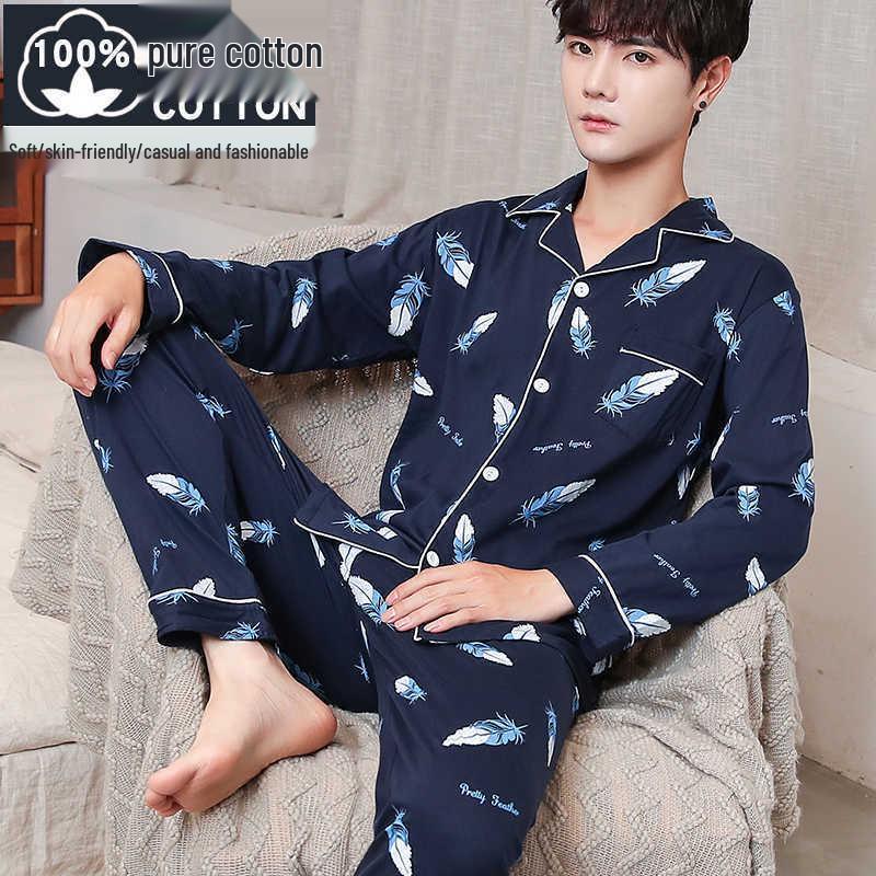 Men's 100% Cotton Long Sleeve and Pants Pajama Set - Plus Size, Spring/Autumn, Loose Fit, Two-Piece Home Wear