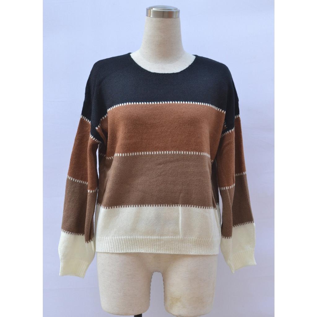 2025 Spring New Sweater Color Matching New Round Neck Medium and Long Loose Knitted Large Size Sweater